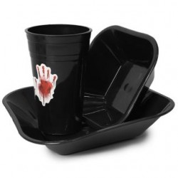 Set Vaso Plato y Tazon De Plástico Negro Estampado Halloween | LUCENA