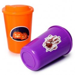 Vaso Plástico Grande Color Naranja y Morado Estampado Halloween Tapa | LUCENA