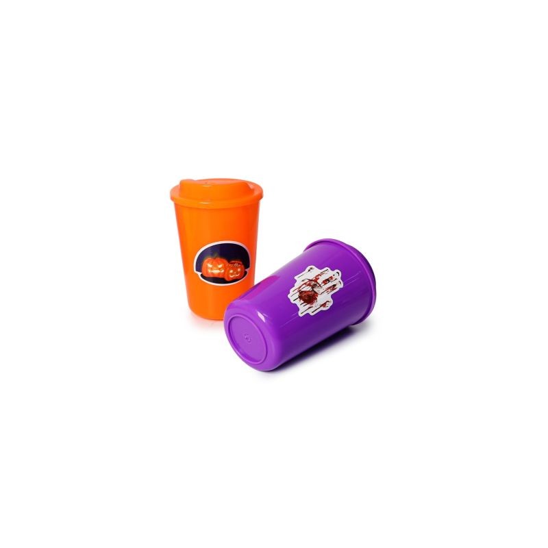 Vaso Plástico Grande Color Naranja y Morado Estampado Halloween Tapa | LUCENA