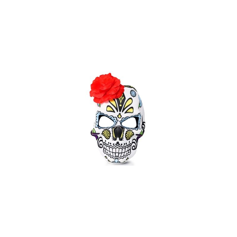 Máscara De Fomi Y Tela Estampada Catrina Blanca Flor Roja | KUN-W25