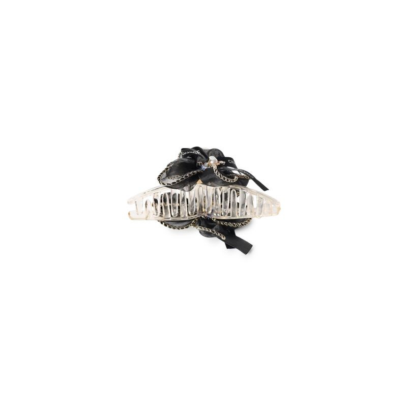 Pinza Cabello Grande De Plástico Transparente Con Adorno Flor Organza Listones Y Perlas | HU-SP1137