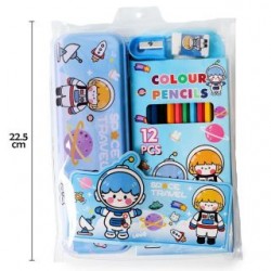 Bolsa Lapicera Metal Caja 12 Colores Escolares Madera Goma Sacapuntas Libreta Estampados | 1 Bolsa | 9927