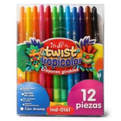 Estuche 12 Crayones Escolares INDRA TWIST Giratorios Colores Tropicales | 1 Estuche | IN-0161