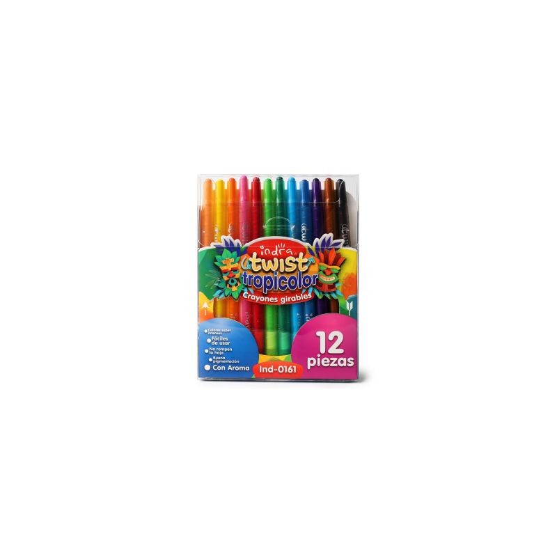 Estuche 12 Crayones Escolares INDRA TWIST Giratorios Colores Tropicales | 1 Estuche | IN-0161