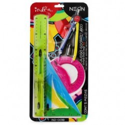 Juego Geometrico Escolar INDRA Flexible Neón 5 piezas | IND-0018