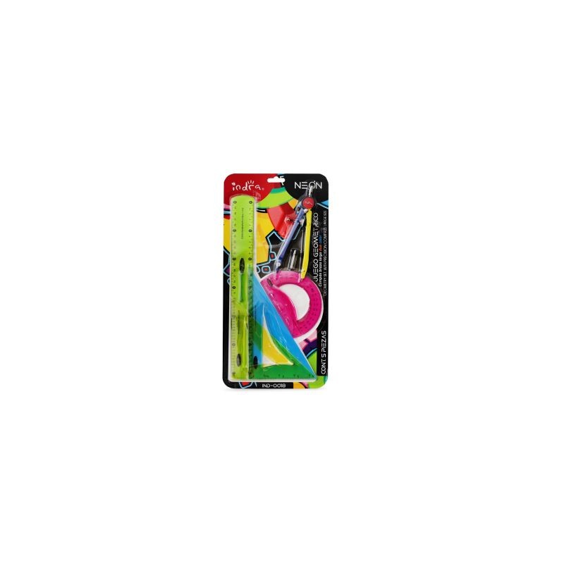Juego Geometrico Escolar INDRA Flexible Neón 5 piezas | IND-0018