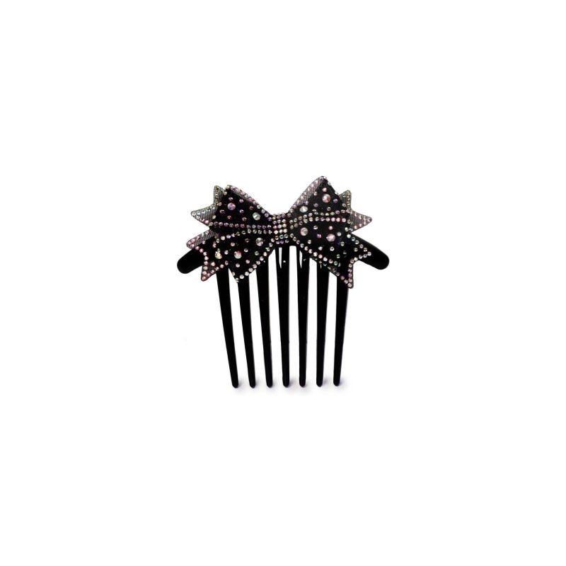 Peineta Para Cabello De Plástico Grande En Color Negro Larga Con Moño Piedras 9 Cm | HM-4Z-1204