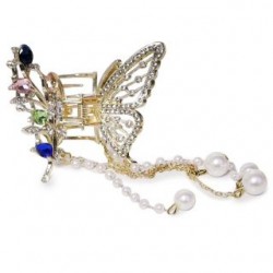 Pinza Para Cabello Mediana Figura Mariposa Dorada Con Piedras Y Perlas Colgantes 6 Cm | XH5941
