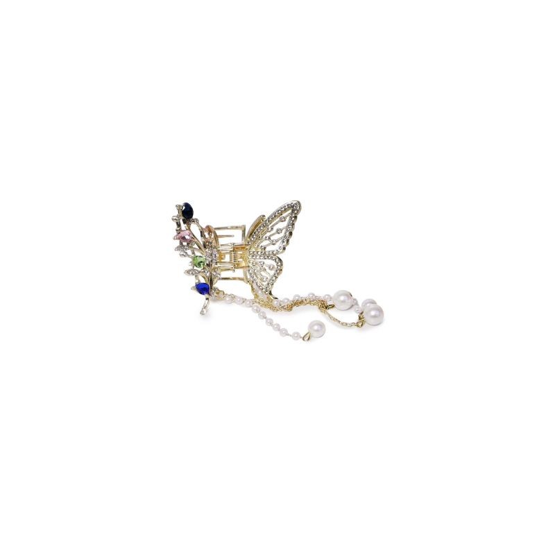 Pinza Para Cabello Mediana Figura Mariposa Dorada Con Piedras Y Perlas Colgantes 6 Cm | XH5941