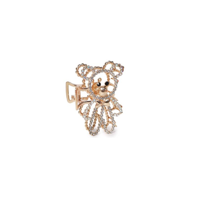 Pinza Para Cabello Mediana En Forma De oso Metal Dorada Y Plateada Con Piedras 7.5 Cm | XH4132