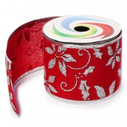 Listón Navideño Decorativo Grande Rojo Con Diamantina Figuras De 6.3 Cm X 2.7 Mts | JA-S-1124