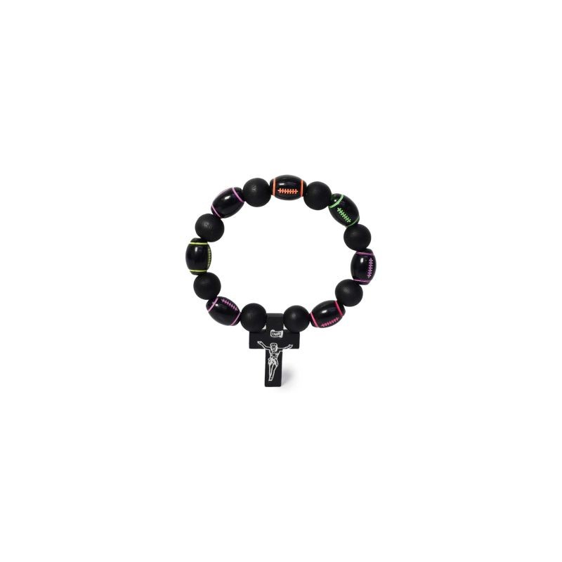 Pulsera Elástica Con Bolitas De Madera Con Figuras Y Dije De Cruz | XH6118